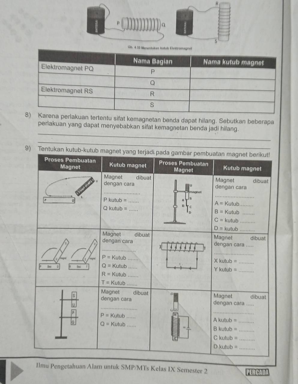 akuan tertentu sifat kemagnetan benda dapat hilang. Sebutkan beberapa
_
perlakuan yang dapat menyebabkan sifat kemagnetan benda jadi hilang.
_
untuk SMP/MTs Kelas IX Semester 2
PERCADA