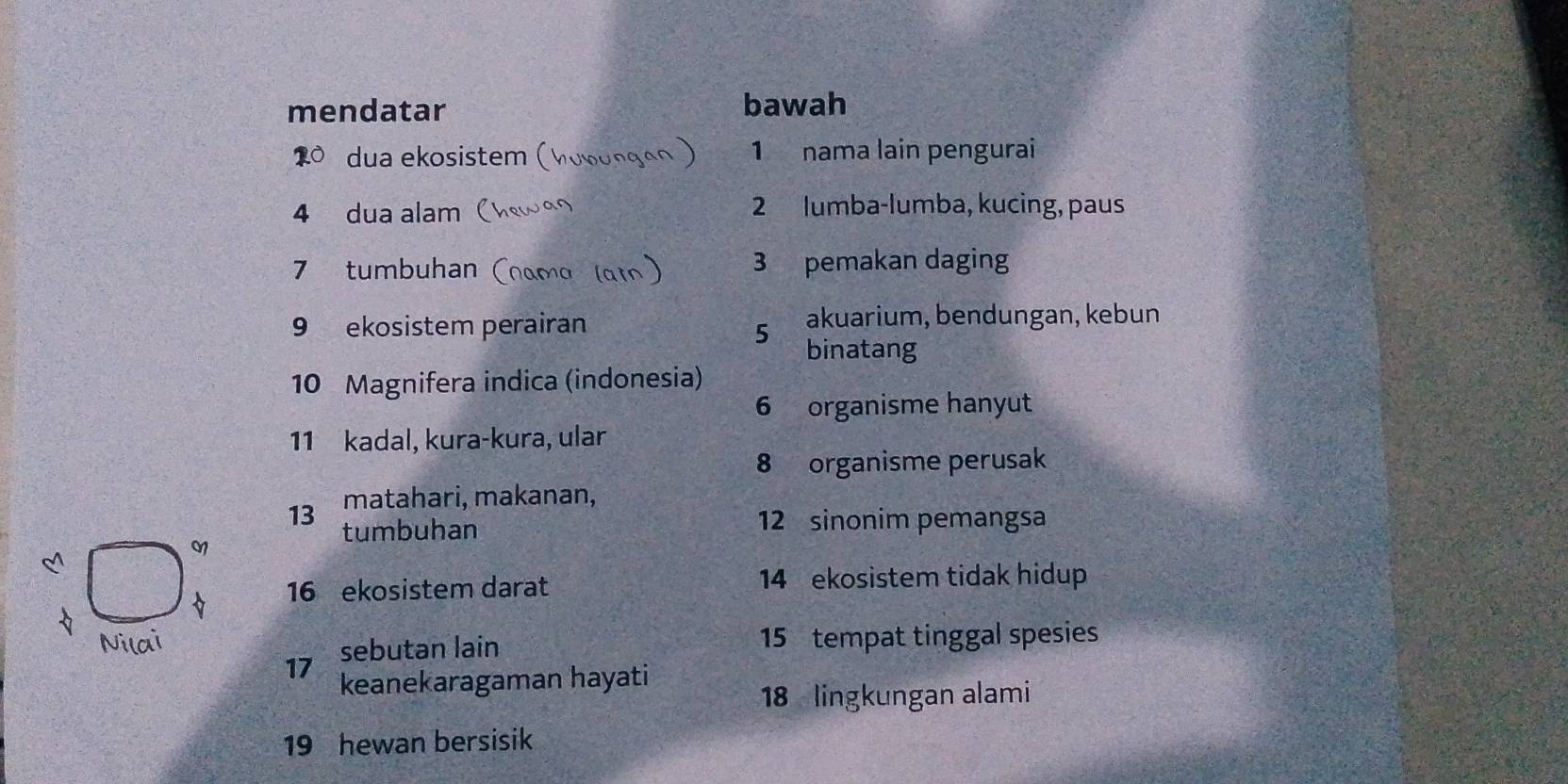 mendatar bawah
dua ekosistem ( 1 nama lain pengurai
4 dua alam 2 lumba-lumba, kucing, paus
7 tumbuhan 3 pemakan daging
9 ekosistem perairan akuarium, bendungan, kebun
5
binatang
10 Magnifera indica (indonesia)
6 organisme hanyut
11 kadal, kura-kura, ular
8 organisme perusak
matahari, makanan,
13 tumbuhan
12 sinonim pemangsa
16 ekosistem darat 14 ekosistem tidak hidup
17 sebutan lain
15 tempat tinggal spesies
keanekaragaman hayati
18 lingkungan alami
19 hewan bersisik