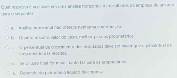 Qual resposta é aceitável em uma análise horizontal de resultados da empresa de um ano
para o seguinte?
a. Análise horizontal não oferece nenhuma contribuição.
b. Quanto maior o valor do lucro, melhor para os proprietários.
c. O percentual de crescimento dos resultados deve ser maior que o percentual de
crescimento das receitas.
d. Se o lucro final for maior, tanto faz para os proprietários.
e. Depende do patrimônio líquido da empresa.