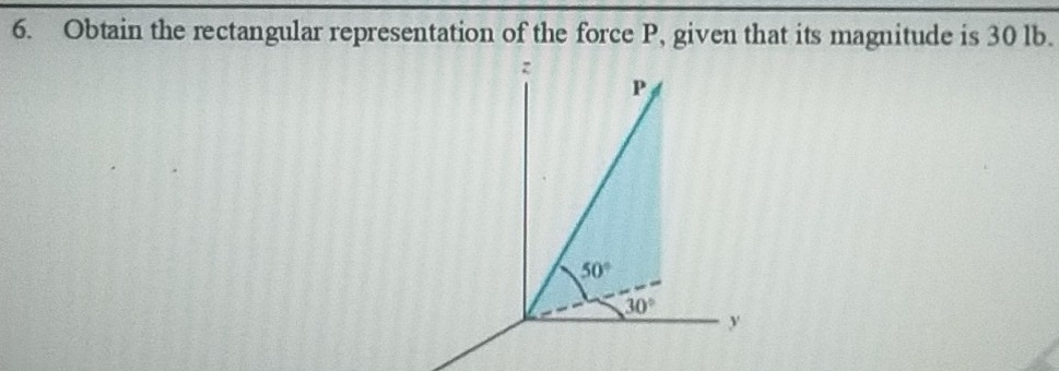 Obtain the rectangular representation of the force P, given that its magnitude is 30 lb.