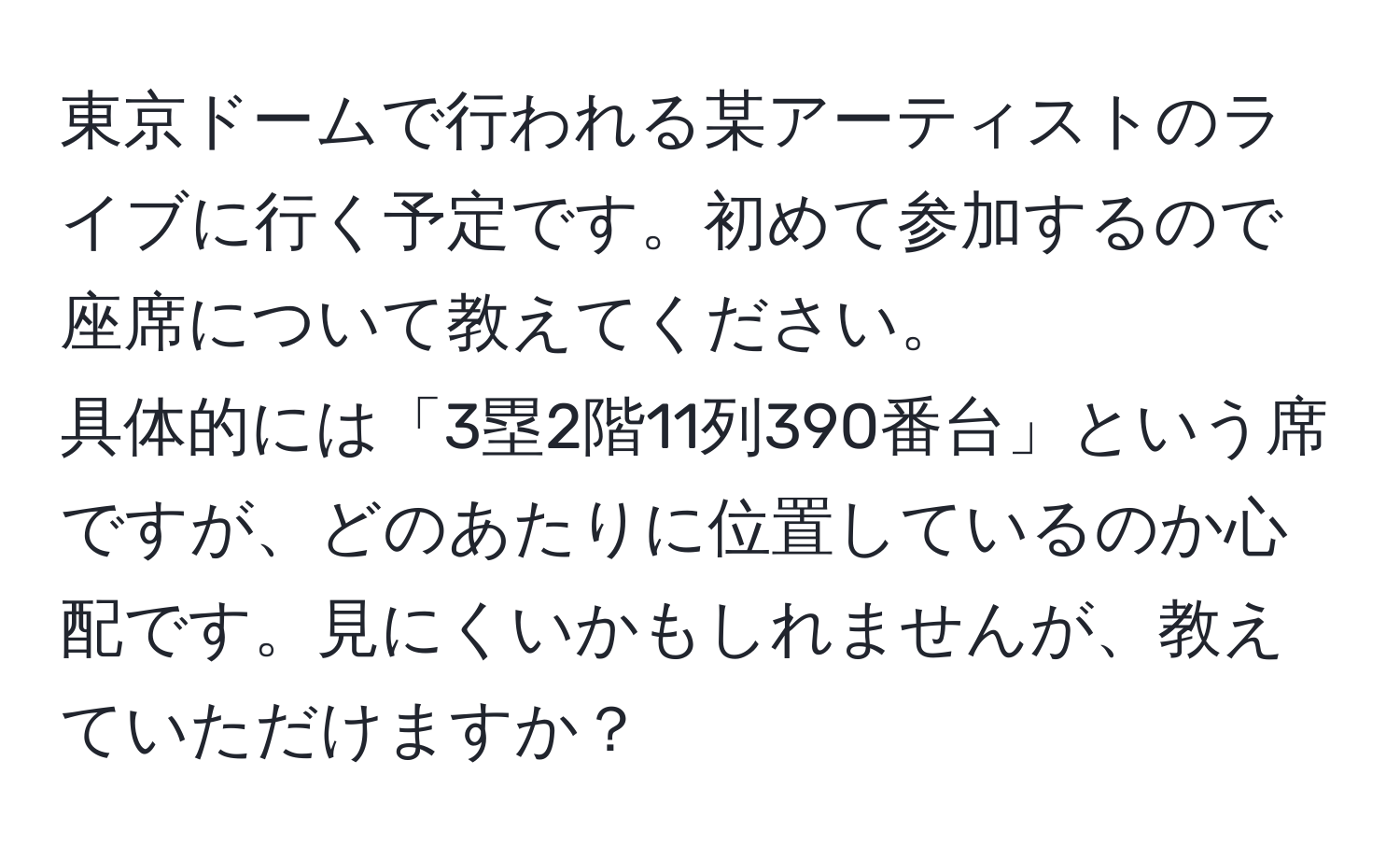 東京ドームで行われる某アーティストのライブに行く予定です。初めて参加するので座席について教えてください。  
具体的には「3塁2階11列390番台」という席ですが、どのあたりに位置しているのか心配です。見にくいかもしれませんが、教えていただけますか？