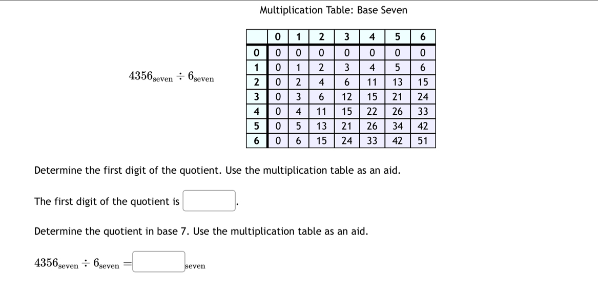 Multiplication Table: Base Seven
4356_seven/ 6_seven
Determine the first digit of the quotient. Use the multiplication table as an aid. 
The first digit of the quotient is □. 
Determine the quotient in base 7. Use the multiplication table as an aid.
4356_seven/ 6_seven=□ _seven