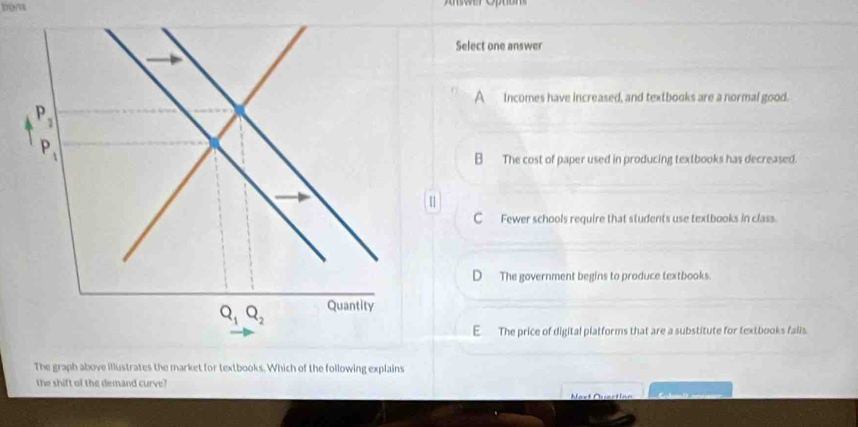 bt
Select one answer
A incomes have increased, and textbooks are a normal good.
B The cost of paper used in producing textbooks has decreased.
[]
C Fewer schools require that students use textbooks in class.
D The government begins to produce textbooks.
E The price of digital platforms that are a substitute for textbooks falis.
The graph above illustrates the market for textbooks. Which of the following explains
the shift of the demand curve? Mart Quartinn   h