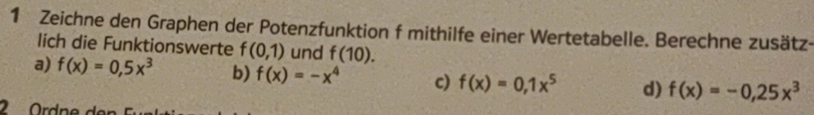 Zeichne den Graphen der Potenzfunktion f mithilfe einer Wertetabelle. Berechne zusätz-
lich die Funktionswerte f(0,1) und f(10).
a) f(x)=0,5x^3 b) f(x)=-x^4 c) f(x)=0,1x^5
d) f(x)=-0,25x^3
2 Ördne