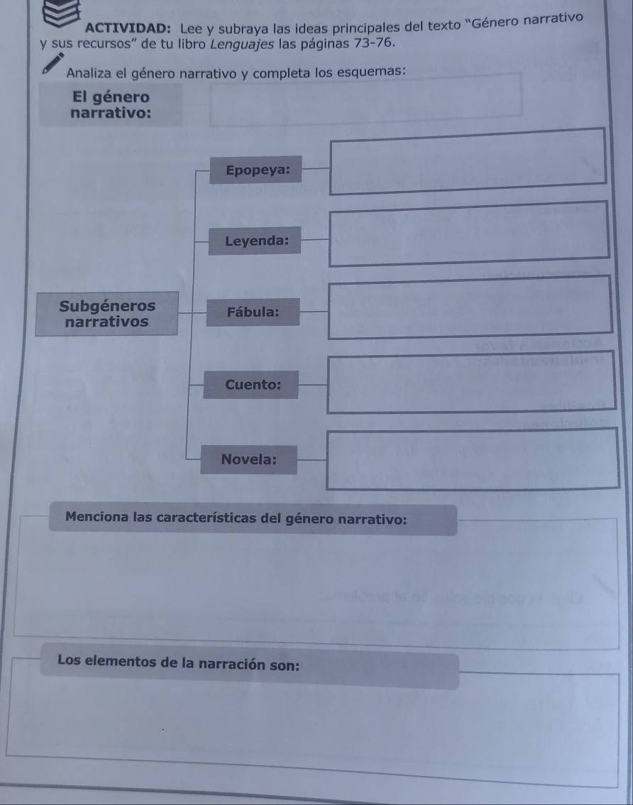 ACTIVIDAD: Lee y subraya las ideas principales del texto “Género narrativo 
y sus recursos' de tu libro Lenguajes las páginas 73-76. 
Analiza el género narrativo y completa los esquemas: 
El género 
narrativo: 
Epopeya: 
Leyenda: 
Subgéneros Fábula: 
narrativos 
Cuento: 
Novela: 
Menciona las características del género narrativo: 
Los elementos de la narración son: