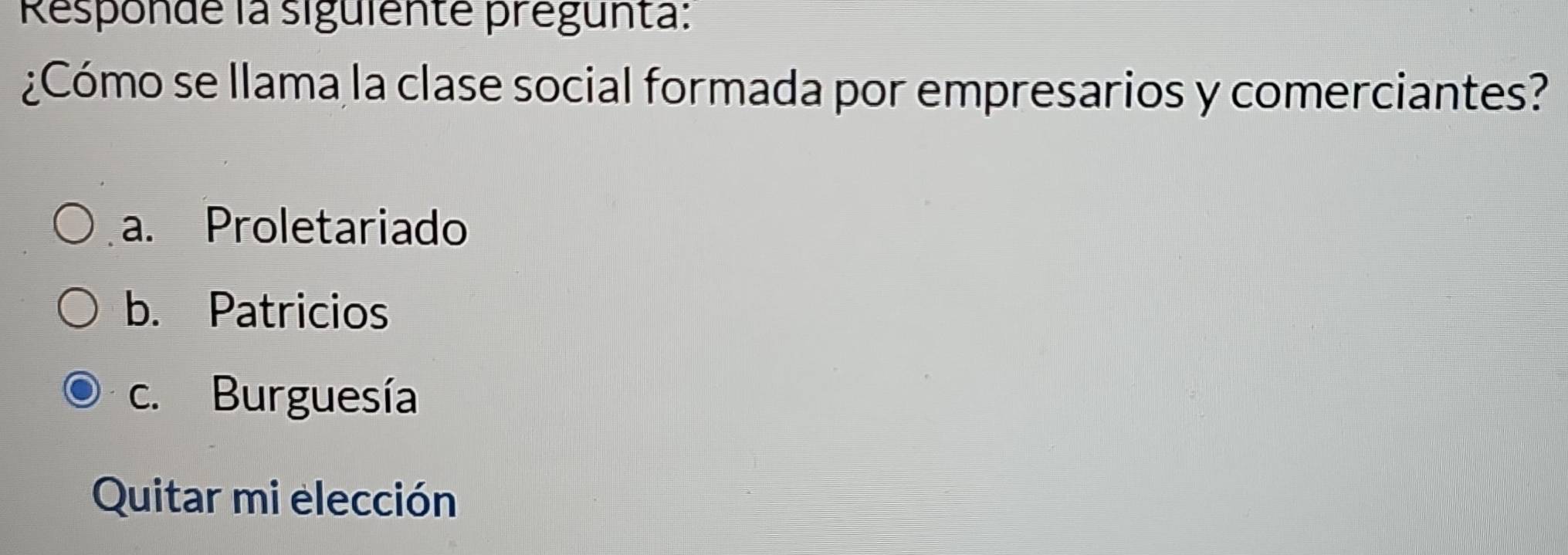 Responde la siguiente prégunta:
¿Cómo se llama la clase social formada por empresarios y comerciantes?
a. Proletariado
b. Patricios
c. Burguesía
Quitar mi elección