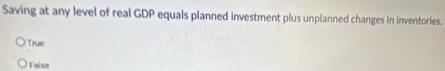 Saving at any level of real GDP equals planned investment plus unplanned changes in inventories.
True
False