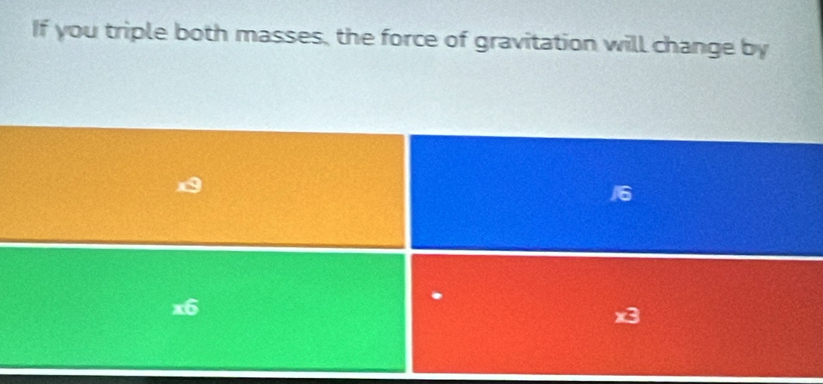 If you triple both masses, the force of gravitation will change by
x
16
6
x3