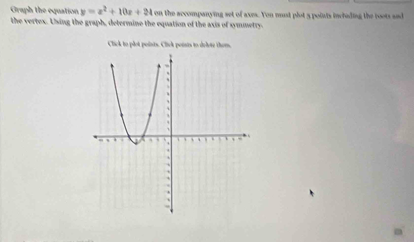 Graph the equation y=x^2+10x+24 on the accompanying set of axes. You must plot 5 points including the roots and 
the vertex. Using the graph, determine the equation of the axis of symmetry. 
Click to plot points. Click points to delete them.