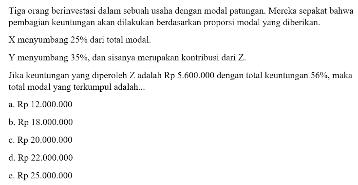 Tiga orang berinvestasi dalam sebuah usaha dengan modal patungan. Mereka sepakat bahwa
pembagian keuntungan akan dilakukan berdasarkan proporsi modal yang diberikan.
X menyumbang 25% dari total modal.
Y menyumbang 35%, dan sisanya merupakan kontribusi dari Z.
Jika keuntungan yang diperoleh Z adalah Rp 5.600.000 dengan total keuntungan 56%, maka
total modal yang terkumpul adalah...
a. Rp 12.000.000
b. Rp 18.000.000
c. Rp 20.000.000
d. Rp 22.000.000
e. Rp 25.000.000