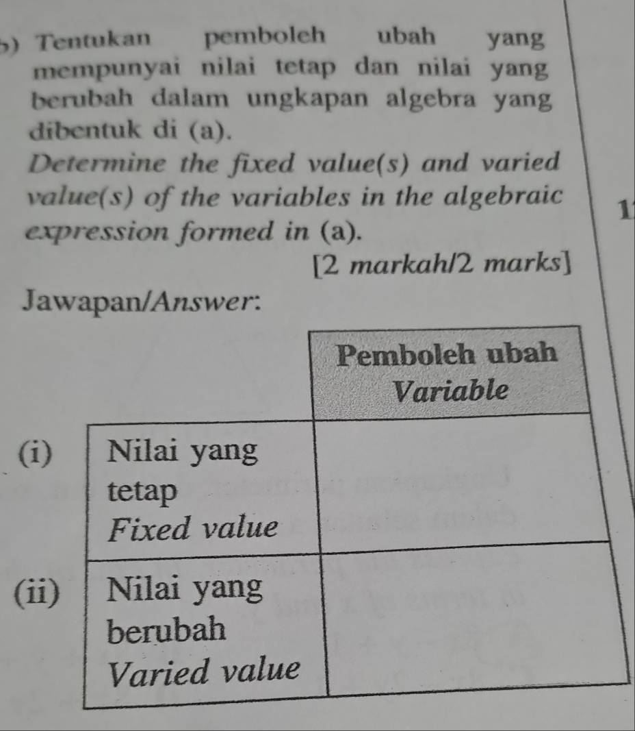 Tentukan pemboleh ubah yang 
mempunyai nilai tetap dan nilai yang 
berubah dalam ungkapan algebra yang 
dibentuk di (a). 
Determine the fixed value(s) and varied 
value(s) of the variables in the algebraic 1
expression formed in (a). 
[2 markah/2 marks] 
Jawapan/Answer: 
(i 
(ii