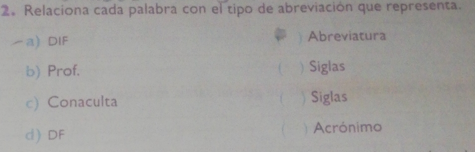 Relaciona cada palabra con el tipo de abreviación que representa.
a) DIF Abreviatura
b) Prof. C  Siglas
c) Conaculta  Siglas
( 
d) DF ) Acrónimo