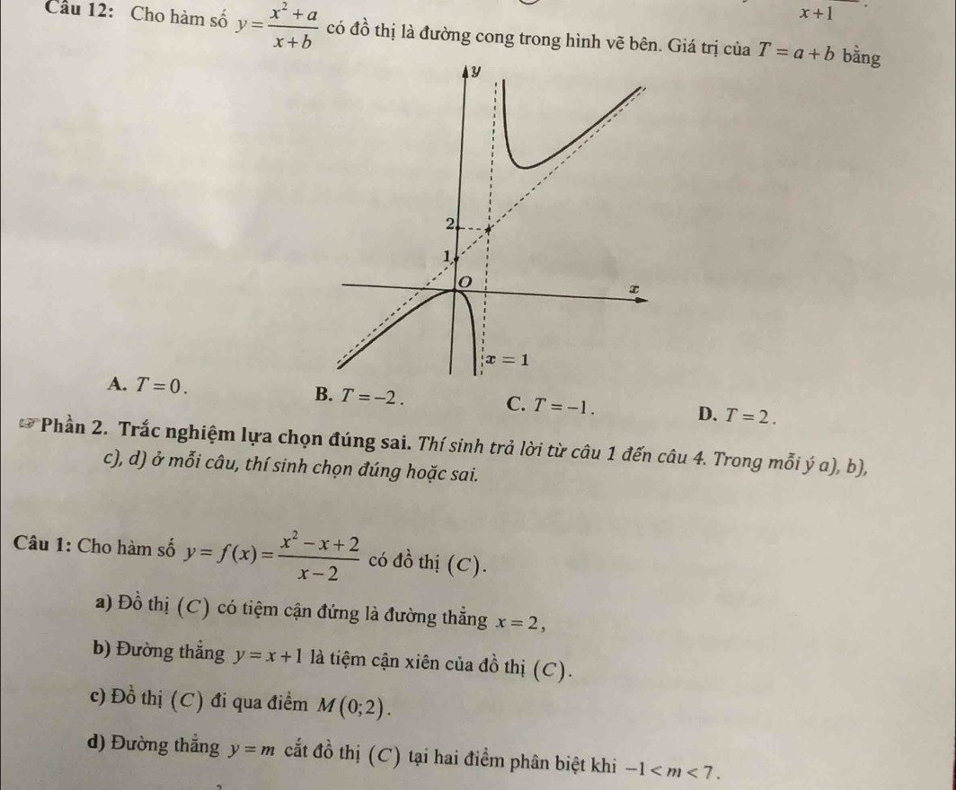 x+1
Cầu 12: Cho hàm số y= (x^2+a)/x+b  có đồ thị là đường cong trong hình vẽ bên. Giá trị của T=a+b bằng
A. T=0. B. T=-2. C. T=-1. D. T=2.
Phần 2. Trắc nghiệm lựa chọn đúng sai. Thí sinh trả lời từ câu 1 đến câu 4. Trong mỗi ý a), b),
c), d) ở mỗi câu, thí sinh chọn đúng hoặc sai.
Câu 1: Cho hàm số y=f(x)= (x^2-x+2)/x-2  có đồ thị (C).
a) Đồ thị (C) có tiệm cận đứng là đường thẳng x=2,
b) Đường thắng y=x+1 là tiệm cận xiên của đồ thị (C).
c) Dhat o thị (C) đi qua điểm M(0;2).
d) Đường thẳng y=m cắất đồ thị (C) tại hai điểm phân biệt khi -1