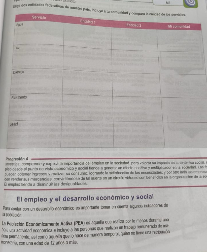 Exprícito 
M2 
Elige dos entidades federativas de nuest 
Progresión 4 
Investiga, comprende y explica la importancia del empleo en la sociedad, para valorar su impacto en la dinámica social. l 
pleo desde el punto de vista económico y social tiende a generar un efecto positivo y multiplicador en la sociedad. Las fa 
pueden obtener ingresos y realizar su consumo, logrando la satisfacción de las necesidades; y por otro lado las empresa 
den vender sus mercancías, convirtiéndose de tal suerte en un círculo virtuoso con beneficios en la organización de la so 
El empleo tiende a disminuir las desigualdades. 
El empleo y el desarrollo económico y social 
Para contar con un desarrollo económico es importante tomar en cuenta algunos indicadores de 
la población. 
La Población Económicamente Activa (PEA) es aquella que realiza por lo menos durante una 
hora una actividad económica e incluye a las personas que realizan un trabajo remunerado de ma- 
nera permanente; así como aquella que lo hace de manera temporal, quien no tiene una retribución 
monetaria, con una edad de 12 años o más.