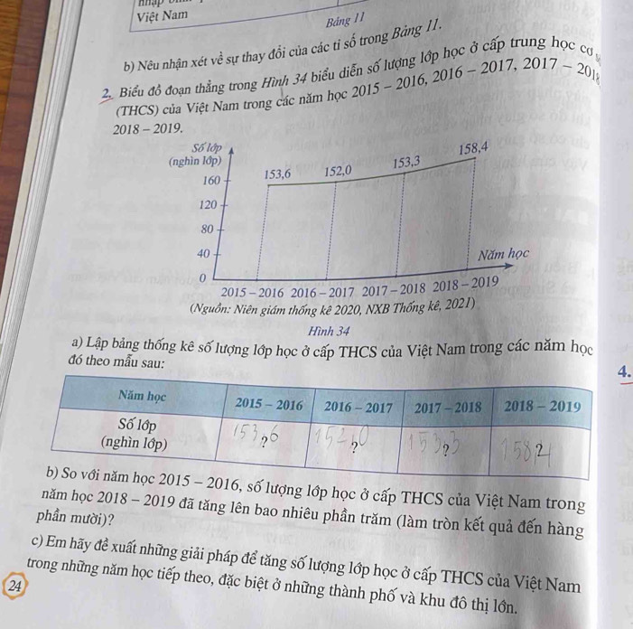 Việt Nam
Bảng 1 1
b) Nêu nhận xét về sự thay đổi của các tỉ số trong Bảng 11.
2 Biểu đồ đoạn thẳng trong Hình 34 biểu di 2015-201 2015-2016,2016-2017,
(THCS) của Việt Nam trong các năm học
2018 - 2019.
a) Lập bảng thống kê số lượng lớp học ở cấp THCS của Việt Nam trong các năm học
đó theo mẫu sau:
.
16, số lượng lớp học ở cấp THCS của Việt Nam trong
năm học 2018 - 2019 đã tăng lên bao nhiêu phần trăm (làm tròn kết quả đến hàng
phần mười)?
c) Em hãy đề xuất những giải pháp để tăng số lượng lớp học ở cấp THCS của Việt Nam
24
trong những năm học tiếp theo, đặc biệt ở những thành phố và khu đô thị lớn.
