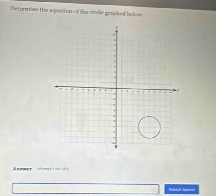 Determine the equation of the circle graphed below. 
Answer ' Attempé 3out of 2 
Sedonit Snowet