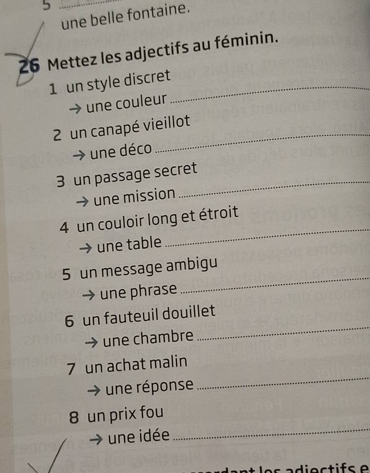 une belle fontaine.
26 Mettez les adjectifs au féminin. 
1 un style discret_ 
une couleur 
2 un canapé vieillot 
une déco 
3 un passage secret 
une mission 
4 un couloir long et étroit 
une table 
_ 
_ 
5 un message ambigu 
une phrase 
_ 
6 un fauteuil douillet 
une chambre 
_ 
7 un achat malin 
une réponse 
_ 
8 un prix fou 
une idée