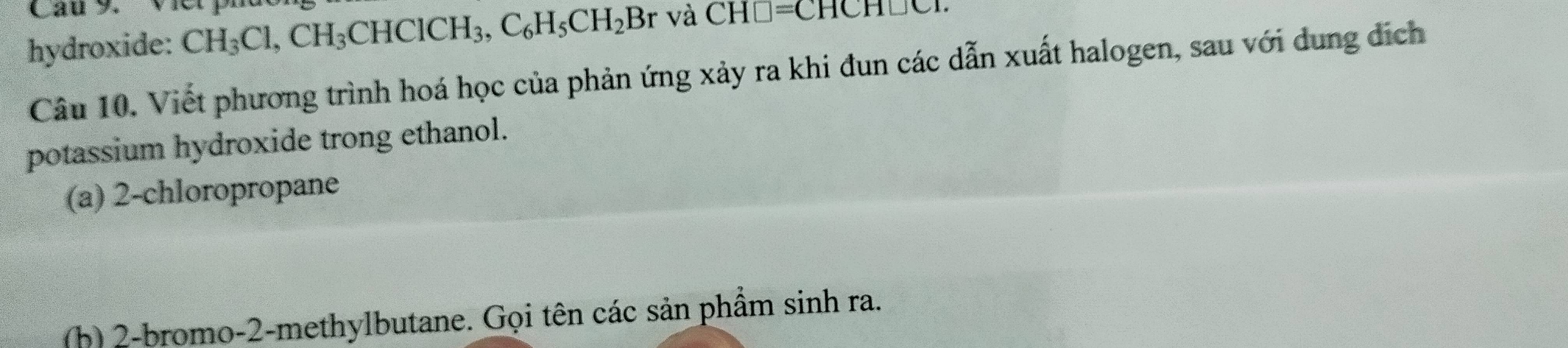 Cau y. viet p 
hydroxide: CH_3Cl, CH_3CHClCH_3, C_6H_5CH_2Br và CH□ =CHCH□ CL. 
Câu 10. Viết phương trình hoá học của phản ứng xảy ra khi đun các dẫn xuất halogen, sau với dung dịch 
potassium hydroxide trong ethanol. 
(a) 2 -chloropropane 
(b) 2-bromo-2-methylbutane. Gọi tên các sản phầm sinh ra.