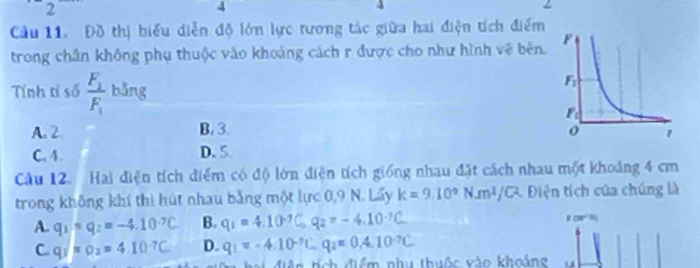 2
4
<
Câu 11. Đồ thị biểu diễn độ lớn lực tương tác giữa hai điện tích điểm
trong chân không phụ thuộc vào khoảng cách r được cho như hình vệ bên. 
Tính tỉ số  frac F_1F_1 bằng
A. 2 B. 3.
C. A. D. 5.
Câu 12. Hai điện tích điểm có độ lớn điện tích giống nhau đặt cách nhau một khoảng 4 cm
trong không khí thì hút nhau bằng một lực 0,9 N. Lấy k=9.10^9Nm^2/C^2 A Điện tích của chúng là
A. q_1=q_2=-4.10^(-7)C. B. q_1=4.10^(-7)C_0q_2=-4.10^(-7)C_-
100°3_1
C q_1=o_2=4.10^(-7)C D. q_1=-4.10^(-7)C.q_2=0.4.10^(-7)C. 
M đ iễn tích điểm nhụ thuộc vào khoảng