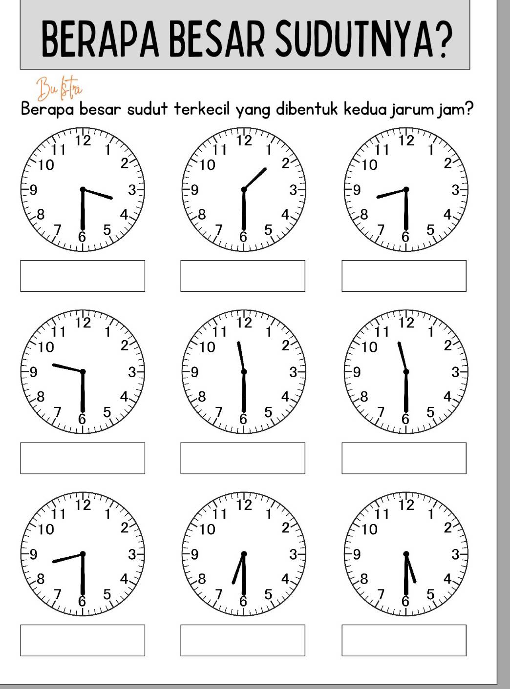 BERAPA BESAR SUDUTNYA? 
Berapa besar sudut terkecil yang dibentuk kedua jarum jam?