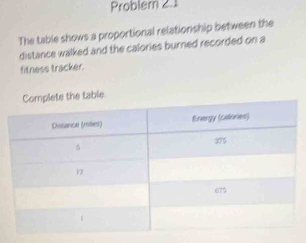 Problem 2.1 
The table shows a proportional relationship between the 
distance walked and the calories burned recorded on a 
fitness tracker. 
e table.