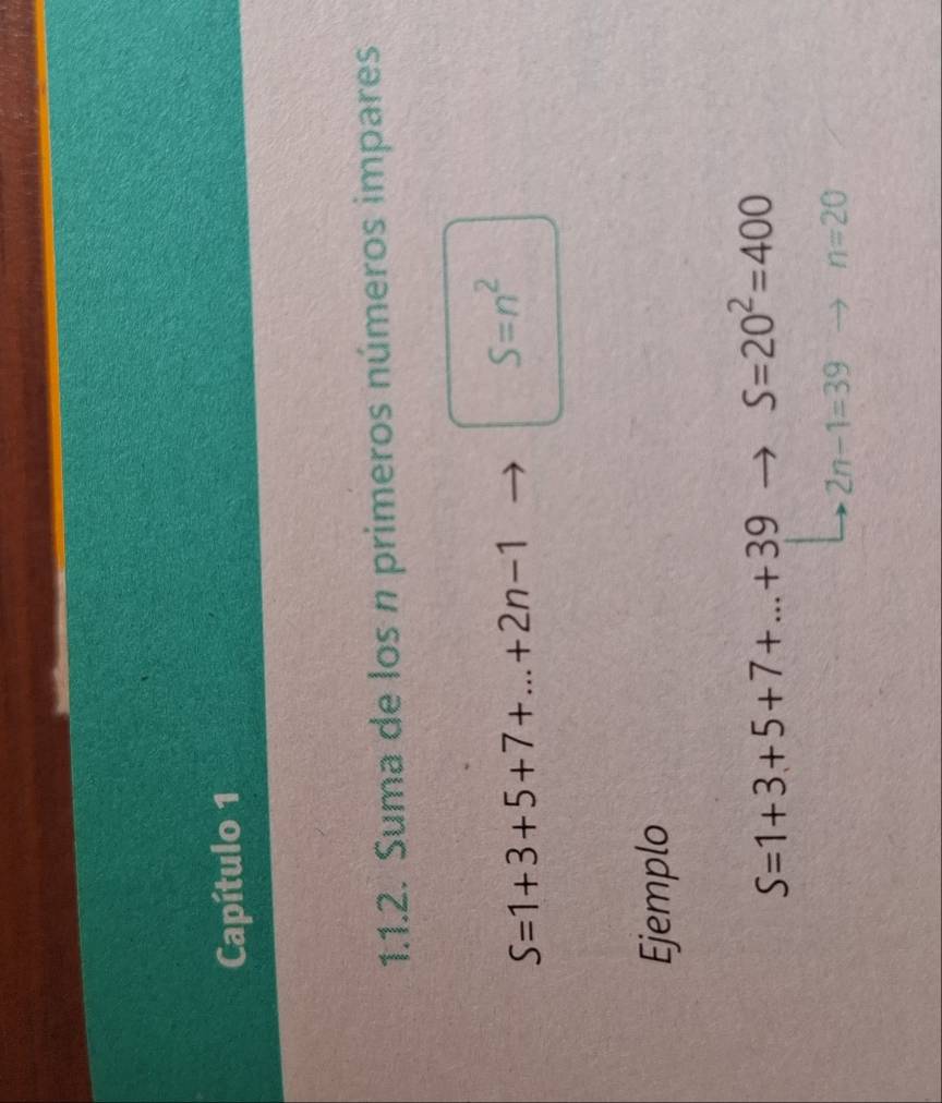 Capítulo 1 
1.1.2. Suma de los n primeros números impares
S=1+3+5+7+...+2n-1
S=n^2
Ejemplo
S=1+3+5+7+...+39 S=20^2=400
2n-1=39 n=20