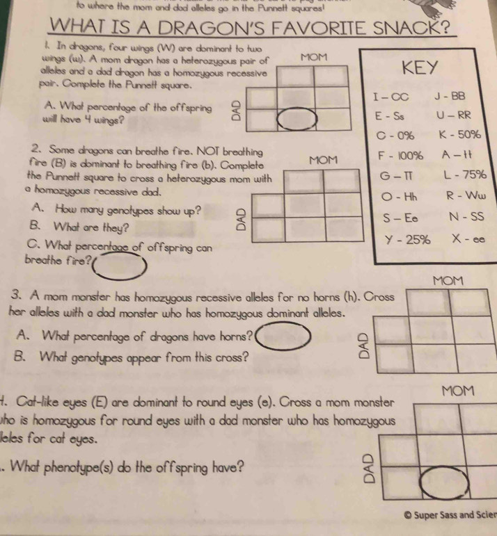 to where the mom and dod alleles go in the Punnett squares!
WHAT IS A DRAGON'S FAVORITE SNACK?
1. In dragons, four wings (W) are dominant to two
wings (w). A mom dragon has a heterozygou MOM
alleles and a dad dragon has a homozygous rKEY
pair. Complete the Punnett square.
I - CC J - BB
A. What percentage of the offspringE - Ss
will have 4 wings?U - RR
C - 0% K - 50%
2. Some dragons can breathe fire. NOT breathing
fire (B) is dominant to breathing fire (b). Co MOM F - 100% A - +
the Punnett square to cross a heterozygous m G - π L - 75%
a homozygous recessive dad.○ - Hh R - Ww
A. How many genotypes show up?N - SS
S - Ee
B. What are they?
C. What percentage of offspring can Y - 25% X - ee
breathe fire?
MOM
3. A mom monster has homozygous recessive alleles for no horns (h).
her alleles with a dad monster who has homozygous dominant alleles.
A. What percentage of dragons have horns?
B. What genotypes appear from this cross?
MOM
t. Cat-like eyes (E) are dominant to round eyes (e). Cross a mom mo
who is homozygous for round eyes with a dad monster who has homozy
leles for cat eyes.
.. What phenotype(s) do the offspring have?
© Super Sass and Scier