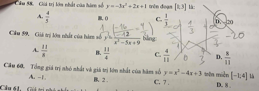 Giá trị lớn nhất của hàm số y=-3x^2+2x+1 trên đoạn [1;3] là:
A.  4/5 
B. 0 C.  1/3  D. 20
Câu 59. Giá trị lớn nhất của hàm số y=frac x^2-5x+9 bằng:
A.  11/8 
B.  11/4   4/11   8/11 
C.
D.
Câu 60. Tổng giá trị nhỏ nhất và giá trị lớn nhất của hàm số y=x^2-4x+3 trên miền [-1;4] là
A. -1. B. 2. C. 7. D. 8.
Câu 61. Giá trị nhỏ