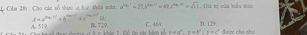 Cho các số thực a, b, c thỏa mãn: a^(log _3)7=27, b^(log _7)11=49, c^(log _11)25=sqrt(11). Giá trị của biểu thức
A=a^((log _3)7)^2+b^((log _7)11)^2+c^((log _11)25)^2 là:
A. 519. B. 729. C. 469. D. 129.
Cho ba số thực dượng g.b. c. khác 1. Đồ thi các hàm số y=a^x, y=b^x, y=c^x được cho như