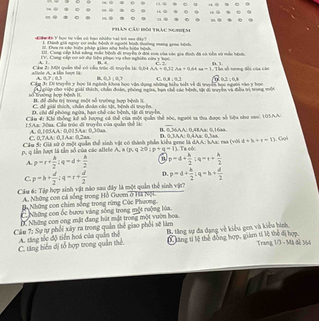 A
13. ⑥ 18..
09 ③
04. ③ 14.④ 19 ③
05. ④ 10. 15、 ⑥ 20. 
phân Câu hỏi trác nghiệm
âu a Y học tư vấn có bạo nhiêu vai trò sau đây?
1. Đánh giá nguy cơ mắc bệnh ở người bình thường mang gene bệnh.
II. Đưa ra các biện pháp giâm nhẹ biểu hiện bệnh.
III. Cung cấp khả năng mắc bệnh di truyền ở đời con của các gia đình đã có tiền sử mắc bệnh
IV. Cung cấp cơ sở dự liệu phục vụ cho nghiên cứu y học.
A. 1 B, 4、 C. 2. D. 3.
Câu 2: Một quần thể có cầu trúc di truyền là: 0.04AA+0.32Aa+0.64 a a=1
allele A, a lần lượt là: . Tần số tương đối của các
A. 0.7:0.3 B. 0,3:0,7 C. 0.8:0.2 D 0,2;0,8
Cầu 3: Di truyền y học là ngành khoa học vận dụng những hiểu biết về di truyền học người vào y học
A giúp cho việc giải thích, chần đoán, phòng ngừa, hạn chế các bệnh, tật di truyền và điều trị trong một
số trường hợp bệnh lí.
B. để điều trị trong một số trường hợp bệnh lí.
C. để giải thích, chần đoản các tật, bệnh di truyền.
D. chỉ để phòng ngừa, hạn chế các bệnh, tật di truyền.
Câu 4: Khi thống kê số lượng cá thể của một quần thể sóc, người ta thu được số liệu như sau: 105AA:
15Aa: 30aa. Cầu trúc đi truyền của quần thể là:
_
A. 0,105AA: 0,015Aa: 0,30aa. B. 0,36AA: 0,48Aa: 0,16aa.
C. 0,7AA: 0,1Aa: 0,2aa. D. 0,3AA: 0,4Aa: 0,3aa.
Câu 5: Giả sử ở một quần thể sinh vật có thành phần kiểu gene là dAA: hAa: raa (với d+h+r=1) Gọi
p, q lần lượt là tần số của các allele A, a (p,q≥ 0;p+q=1). Ta có:
A. p=r+ h/2 ;q=d+ h/2 
B p=d+ h/2 ;q=r+ h/2 
C. p=h+ d/2 ;q=r+ d/2 
D. p=d+ h/2 ;q=h+ d/2 
Câu 6: Tập hợp sinh vật nào sau đây là một quần thể sinh vật?
A. Những con cá sống trong Hồ Gươm ở Hà Nội.
B Những con chim sống trong rừng Cúc Phương.
C. Những con ốc bươu vàng sống trong một ruộng lúa.
D. Những con ong mật đang hút mật trong một vườn hoa.
Câu 7: Sự tự phối xảy ra trong quần thể giao phối sẽ làm
A. tăng tốc độ tiến hoá của quần thể B. tăng sự đa dạng về kiểu gen và kiểu hình.
C. tăng biến dị tổ hợp trong quần thể. D. tăng tỉ lệ thể đồng hợp, giảm tỉ lệ thể dị hợp.
Trang 1/3 - Mã đề 364