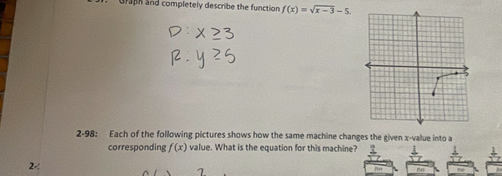 Graph and completely describe the function f(x)=sqrt(x-3)-5. 
2-98: Each of the following pictures shows how the same machine changes the given x -value into a 
corresponding f(x) value. What is the equation for this machine? 
2-: fon 5 f(