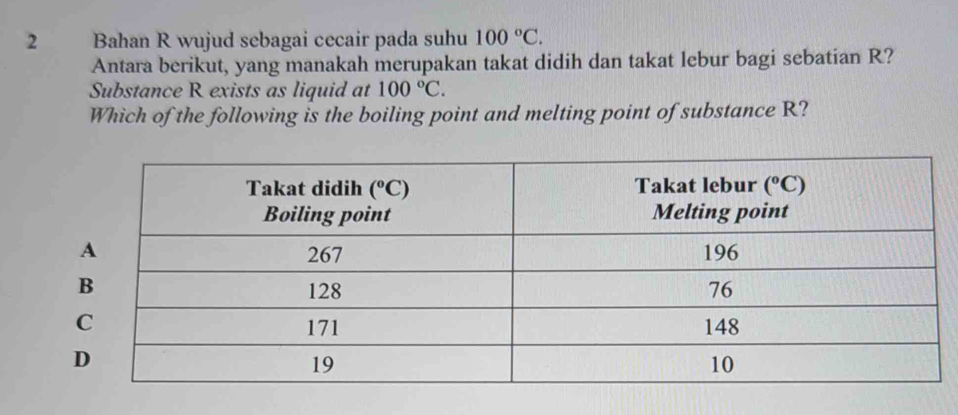 Bahan R wujud sebagai cecair pada suhu 100°C.
Antara berikut, yang manakah merupakan takat didih dan takat lebur bagi sebatian R?
Substance R exists as liquid at 100°C.
Which of the following is the boiling point and melting point of substance R?