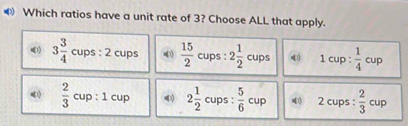 Which ratios have a unit rate of 3? Choose ALL that apply.
3 3/4 cups:2cups  15/2  cuns 2 1/2 cups 1cup: 1/4 cup
cups :
(1)  2/3 cup:1cup 2 1/2  cups :  5/6 cup 2 cups :  2/3 cup