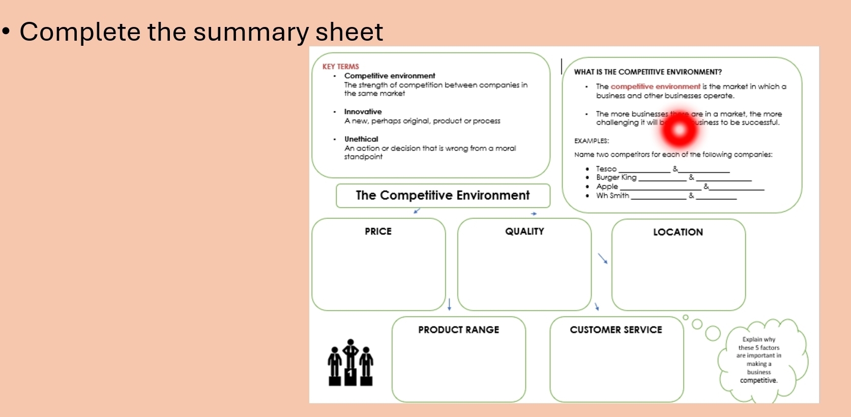 Complete the summary sheet
KEY TERMS WHAT IS THE COMPETITIVE ENVIRONMENT?
Competitive environment
The strength of competition between companies in The competitive environment is the market in which a
the same market . business and other businesses operate.
Innovative The more businesses there are in a market, the more
A new, perhaps original, product or process challenging it will b usiness to be successful.
Unethical EXAMPLEs:
An action or decision that is wrong from a mora Name two competitors for each of the following companies:
Tesoo_
_
Burger King_
_
Apple_
_
The Competitive Environment Wh Smith_ &_
PRICE QUALITY LOCATION
。
PRODUCT RANGE CUSTOMER SERVICE
Explain why
these 5 factors
are important in
making a
business
competitive.