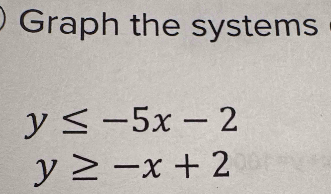 Graph the systems
y≤ -5x-2
y≥ -x+2