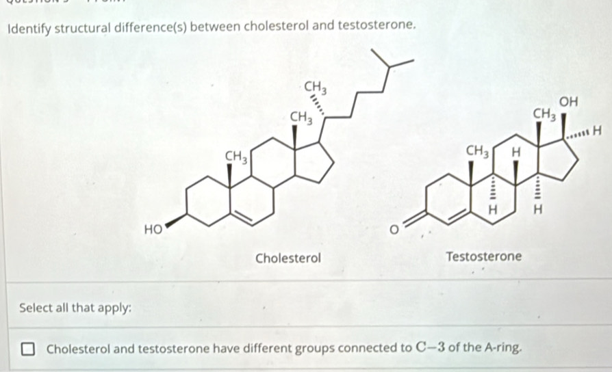 Solved: Identify structural difference(s) between cholesterol and ...