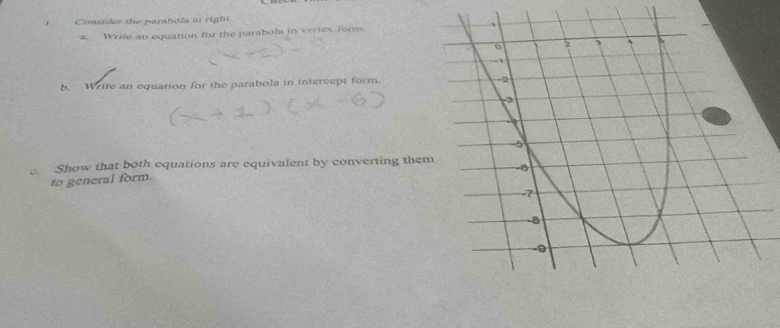 Consider the parabola at right 
a. Write an equation for the parabola in vertex, form. 
b. Write an equation for the parabola in intercept form. 
e Show that both equations are equivalent by converting the 
to general form.