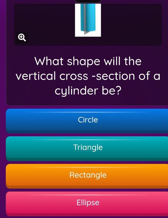 What shape will the
vertical cross -section of a
cylinder be?
Circle
Triangle
Rectangle
Ellipse