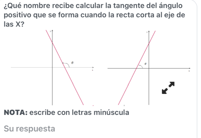 ¿Qué nombre recibe calcular la tangente del ángulo 
positivo que se forma cuando la recta corta al eje de 
las X? 
NOTA: escribe con letras minúscula 
Su respuesta