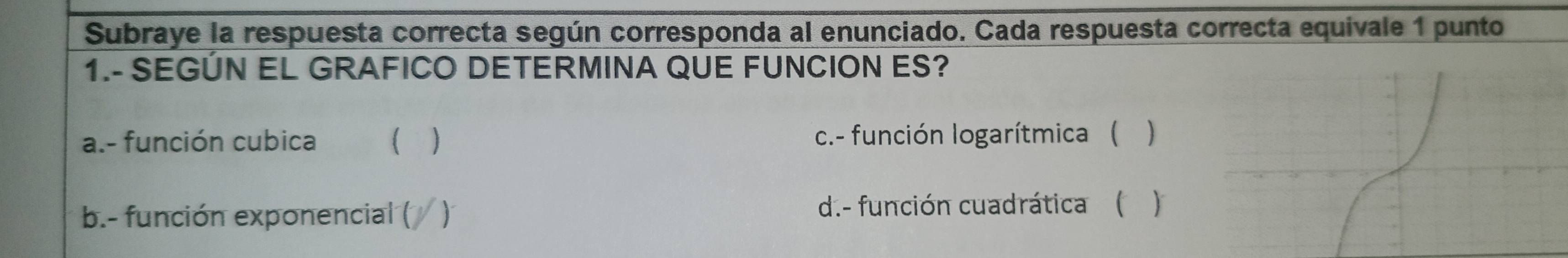 Subraye la respuesta correcta según corresponda al enunciado. Cada respuesta correcta equivale 1 punto
1.- SEGÚN EL GRAFICO DETERMINA QUE FUNCION ES?
a.- función cubica ( ) c.- función logarítmica ( )
b.- función exponencial ( / ) d.- función cuadrática (