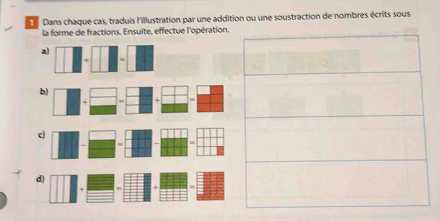 Dans chaque cas, traduis l'illustration par une addition ou une soustraction de nombres écrits sous 
la forme de fractions. Ensuite, effectue l'opération. 
a) 
b) 
+= 
c) 
= 
= 
d) 
+=