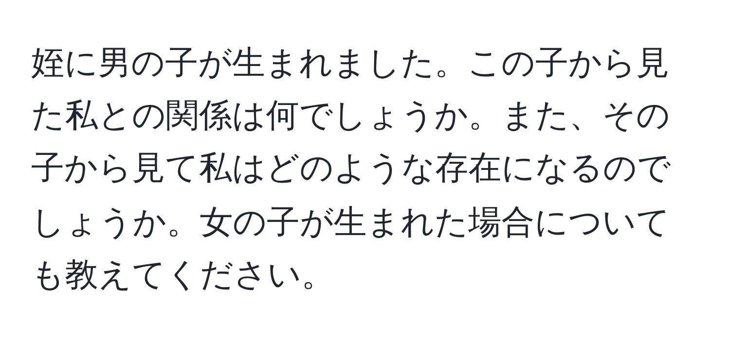 姪に男の子が生まれました。この子から見た私との関係は何でしょうか。また、その子から見て私はどのような存在になるのでしょうか。女の子が生まれた場合についても教えてください。