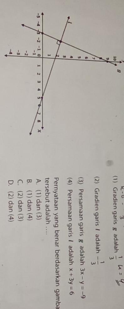 9
1) Gradien garis g adalah  1/3 
(2) Gradien garis adalah - 1/3 
(3) Persamaan garis g adalah 3x-y=-9
(4) Persamaan garis / adalah x+3y=6
Pernyataan yang benar berdasarkan gamba
tersebut adalah ....
A. (1) dan (3)
B. (1) dan (4)
C. (2) dan (3)
D. (2) dan (4)