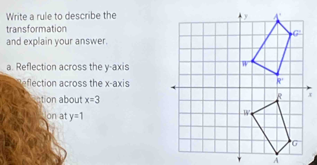 Write a rule to describe the
transformation
and explain your answer.
a. Reflection across the y-axis
Reflection across the x-axis
ction about x=3
lon at y=1