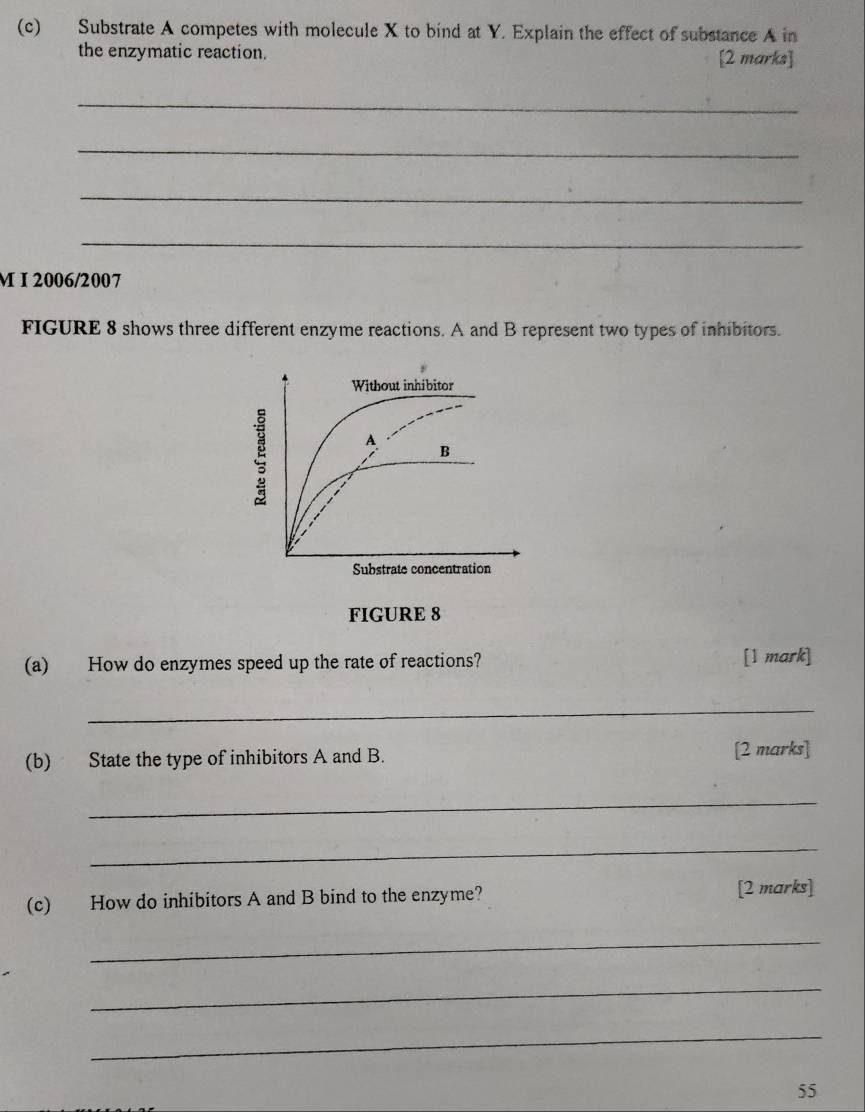 Substrate A competes with molecule X to bind at Y. Explain the effect of substance A in 
the enzymatic reaction. [2 marks] 
_ 
_ 
_ 
_ 
M I 2006/2007 
FIGURE 8 shows three different enzyme reactions. A and B represent two types of inhibitors. 
FIGURE 8 
(a) How do enzymes speed up the rate of reactions? [1 mark] 
_ 
(b) State the type of inhibitors A and B. [2 marks] 
_ 
_ 
(c) How do inhibitors A and B bind to the enzyme? 
[2 marks] 
_ 
_ 
_ 
55