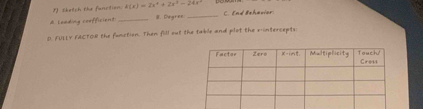 Sketch the function: k(x)=2x^4+2x^3-24x^2
A. Leading coefficient: _B. Degree: _C. End Behavior: 
D. FULLY FACTOR the function. Then fill out the table and plot the x-intercepts;