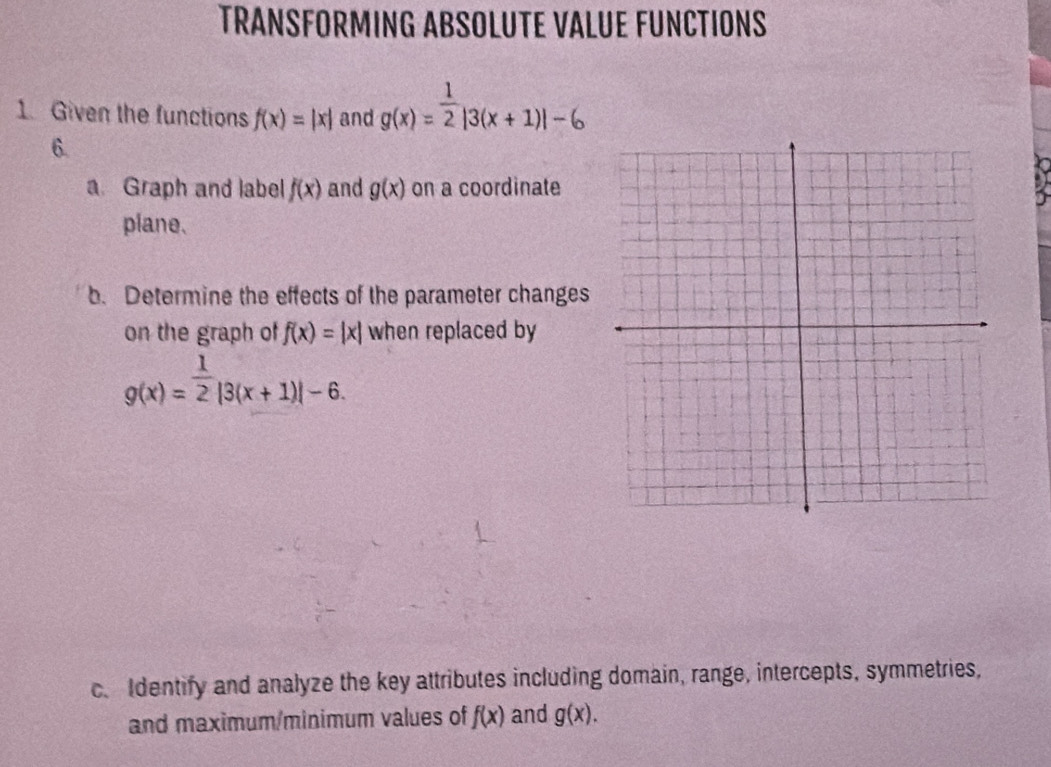 TRANSFORMING ABSOLUTE VALUE FUNCTIONS 
1 Given the functions f(x)=|x| and g(x)= 1/2 |3(x+1)|-6
6. 
a. Graph and label f(x) and g(x) on a coordinate 
plane. 
b. Determine the effects of the parameter changes 
on the graph of f(x)=|x| when replaced by
g(x)= 1/2 |3(x+1)|-6. 
c. Identify and analyze the key attributes including domain, range, intercepts, symmetries, 
and maximum/minimum values of f(x) and g(x).