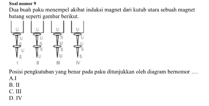 Soal nomor 9
Dua buah paku menempel akibat induksi magnet dari kutub utara sebuah magnet
batang seperti gambar berikut.
Posisi pengkutuban yang benar pada paku ditunjukkan oleh diagram bernomor …
A.I
B. II
C. III
D. IV