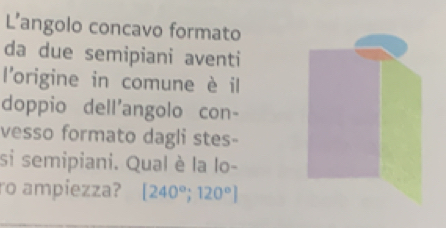 L’angolo concavo formato 
da due semipiani aventi 
l'origine in comune è il 
doppio dell'angolo con- 
vesso formato dagli stes- 
si semipiani. Qual è la lo- 
ro ampiezza? [240°;120°]