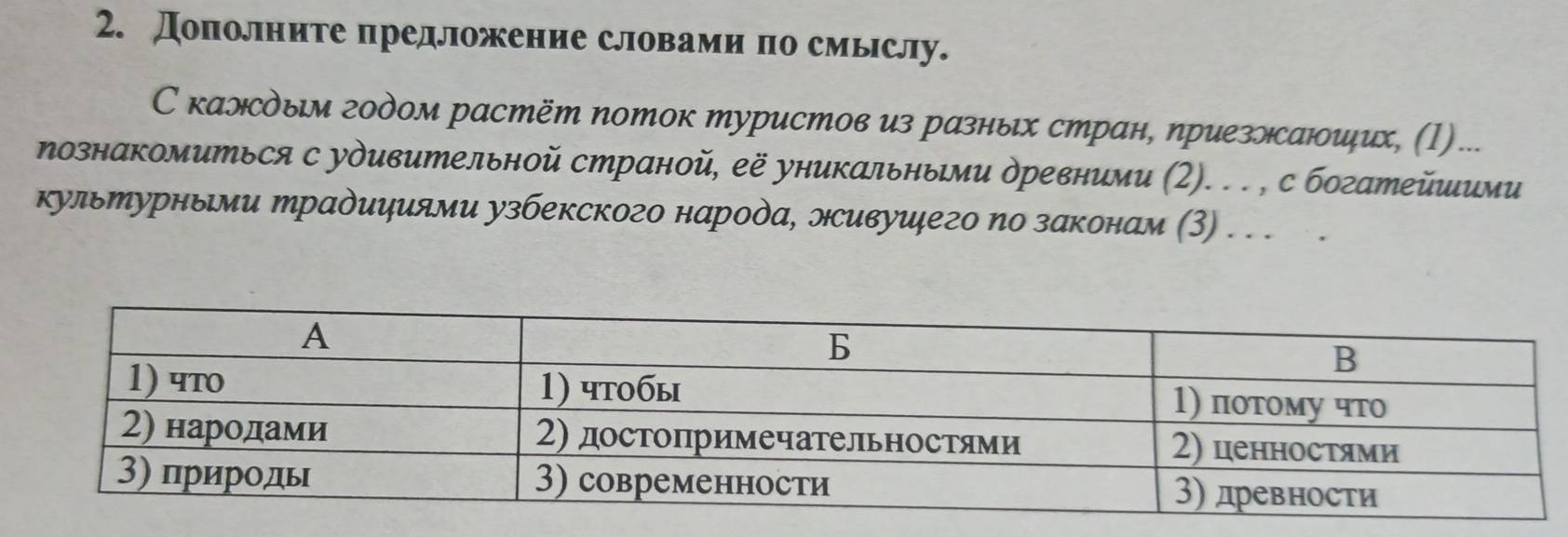 Дополните предложение словами по смьслу. 
С калдым годом растёт поток туристов из разных стран, приезлаюших, (1)... 
познакомиться с удивительной странοй, её уникальными древними (2). . . , с богатейшими 
культурными традициями узбекского народа, лсивуиφего по законам (3) . . .